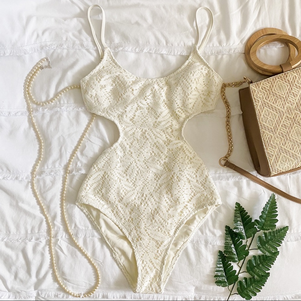 AERIE Ivory Lace Cut-out One-Piece Swim
